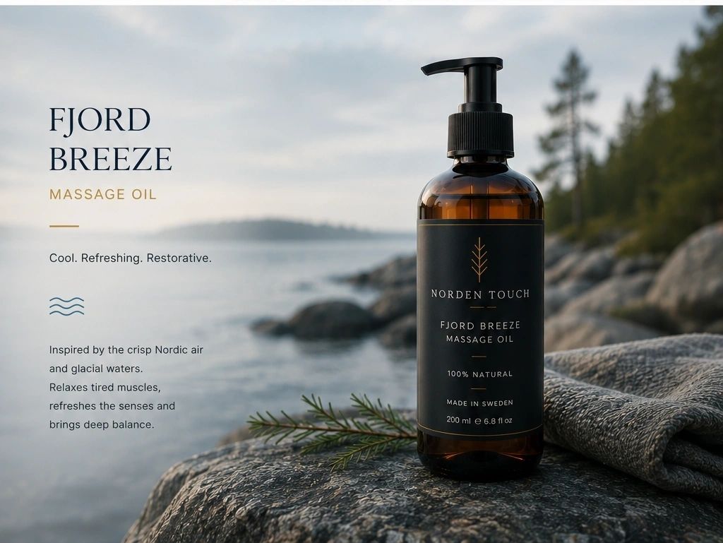 Fjord Breeze natural massage oil beside Nordic water