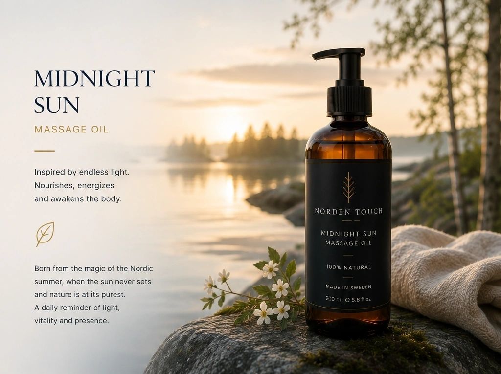 Midnight Sun natural massage oil in warm Nordic light
